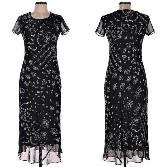 Vintage 90s Y2K Eva Blue Black Midi Dress Floral Beaded Whimsygoth Fairycore 6 - Picture 1 of 8